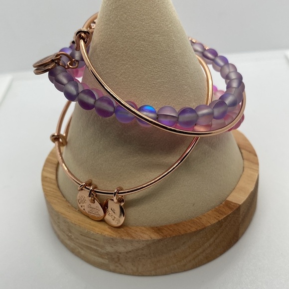 Alex and Ani Pink & Purple Bracelet Set of 4 in Shiny Rose Gold/Like New - Picture 4 of 9